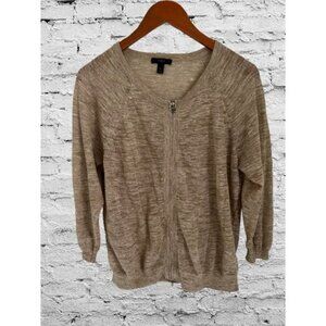 J.Crew Womens Linen Tan Zip-Up Cardigan Sweater M Lightweight Heather Beige